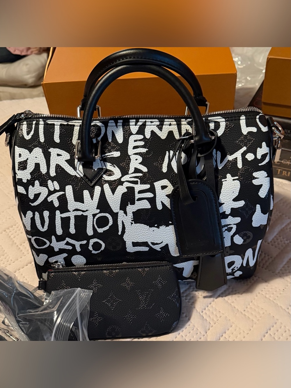 Louis Vuitton Black & White Graffiti Speedy Satchel with Pouch